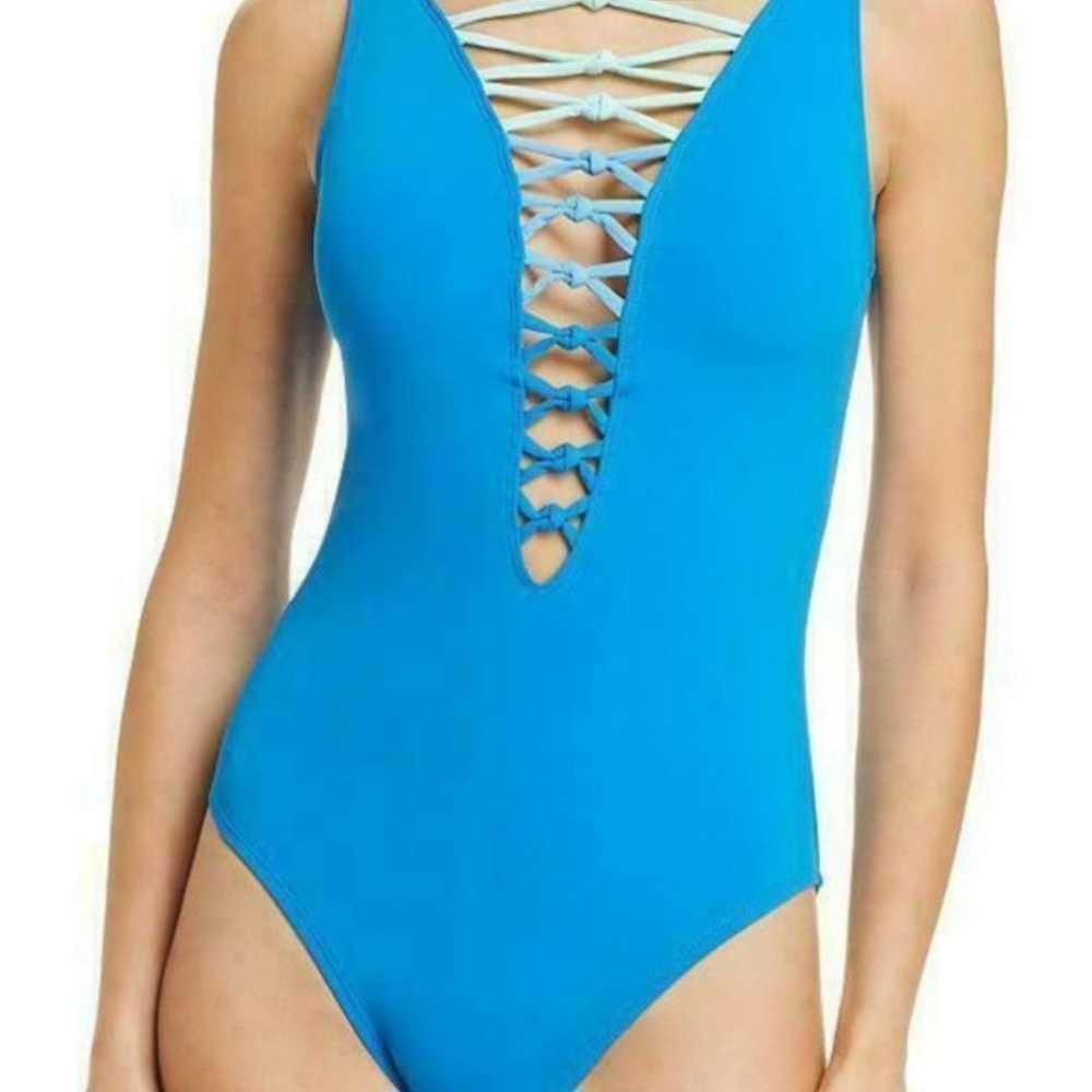 Bleu Rod Beattie Aqua Blue Lets Get Knotty Lace‑Front One‑Piece Swimsuit